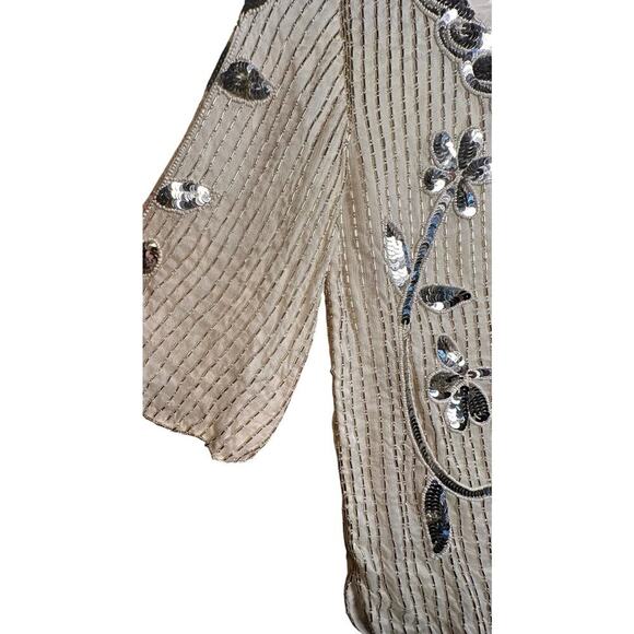 Vintage 60s Ivory Sequin Floral Beaded Silk Top Sz M 3/4 Sleeve Scalloped Beaded - Picture 7 of 16